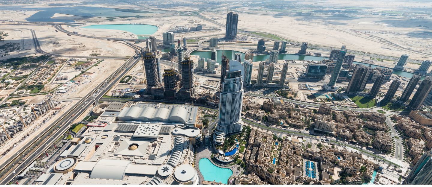 High-angle aerial view of Downtown Dubai
