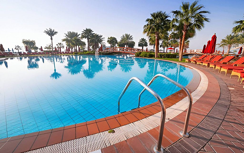 a swimming pool with several trees in the backdrop 