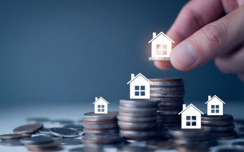 Tiny houses stacked over coins